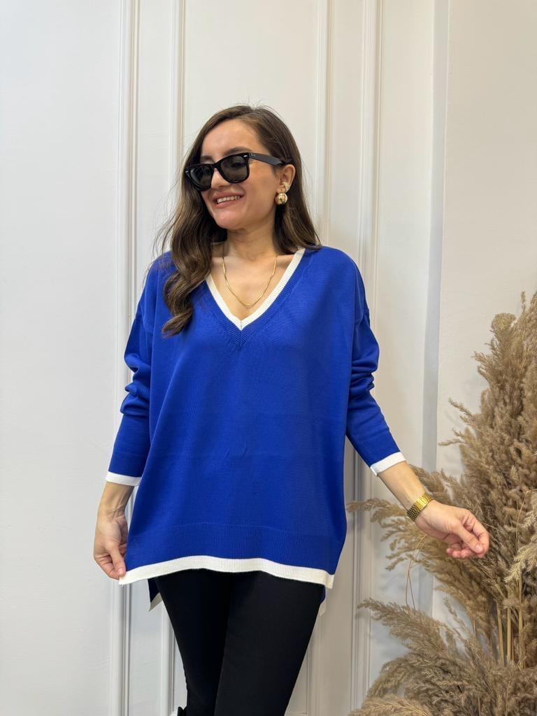 Sax V Yaka Beyaz Şeritli Triko Bluz 3743