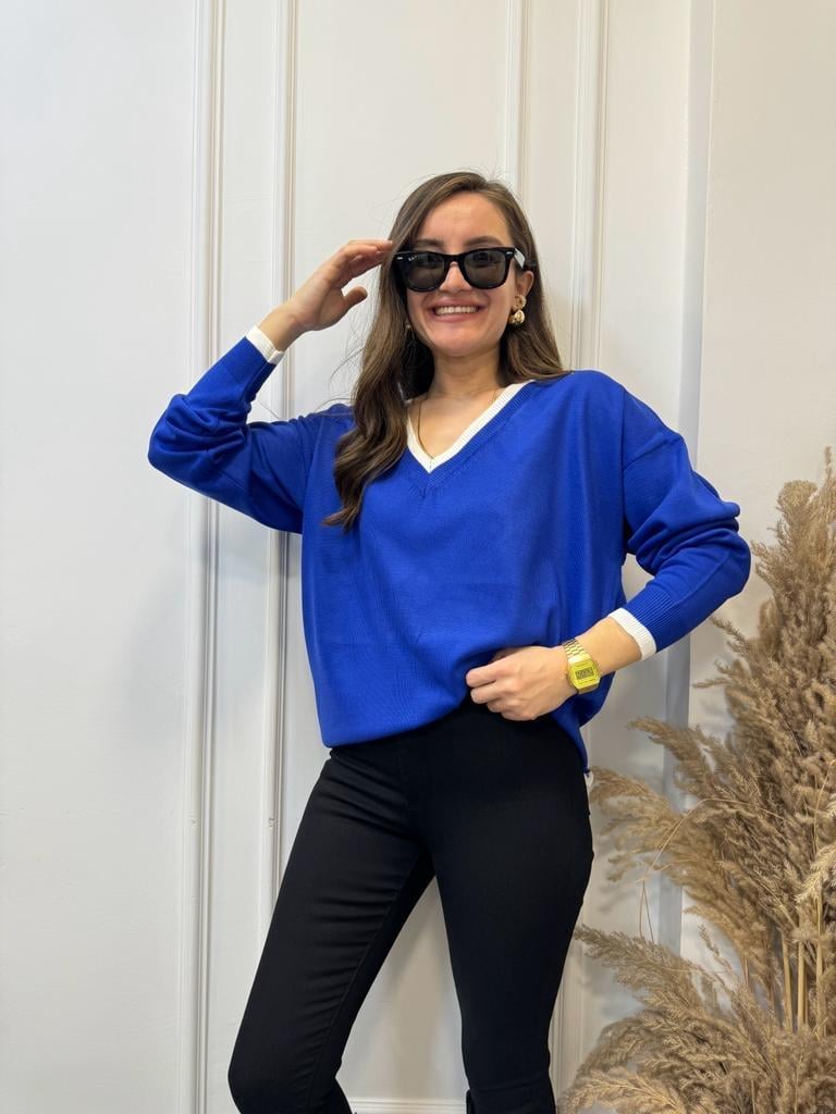 Sax V Yaka Beyaz Şeritli Triko Bluz 3743
