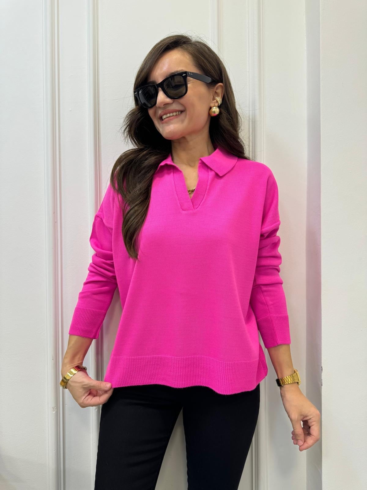 Şeker pembe Polo Yaka Triko Bluz 3215