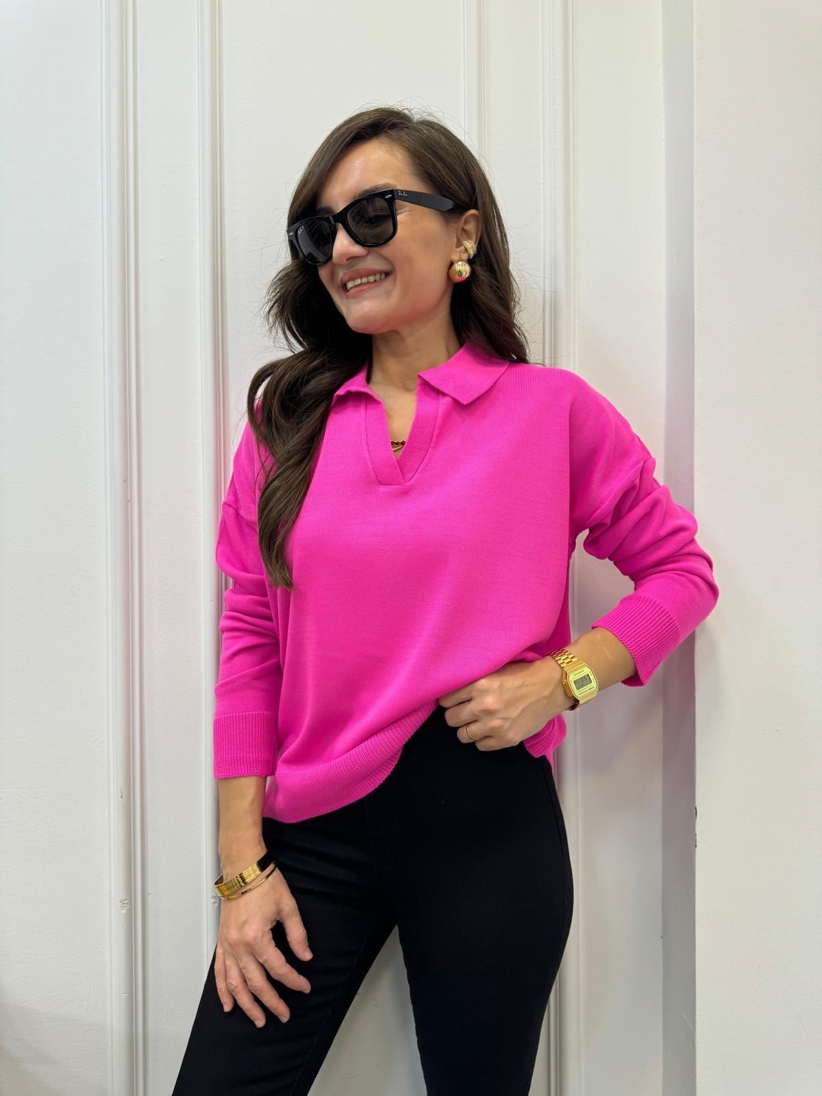 Şeker pembe Polo Yaka Triko Bluz 3215