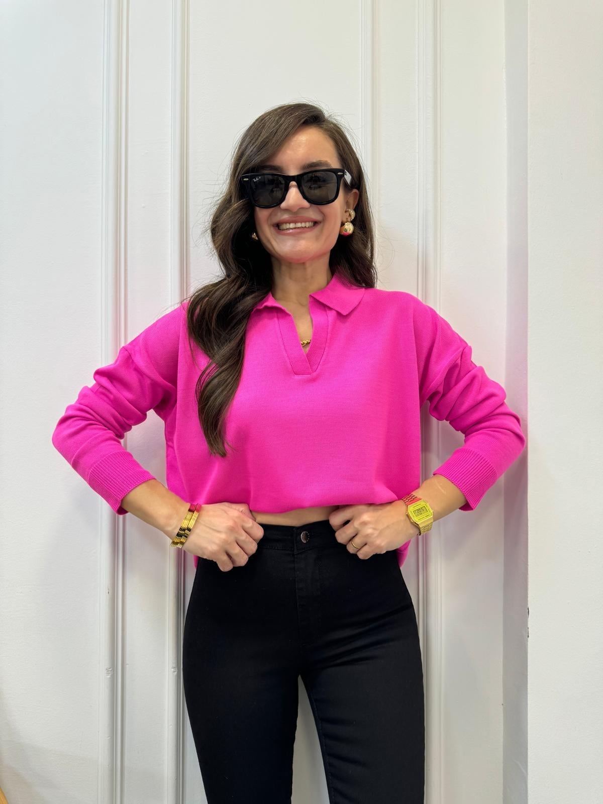 Şeker pembe Polo Yaka Triko Bluz 3215
