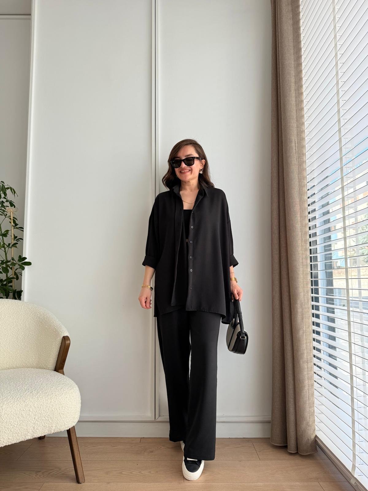 Siyah Aeorobin Kumaş Gömlek Pantolon Takım 6931