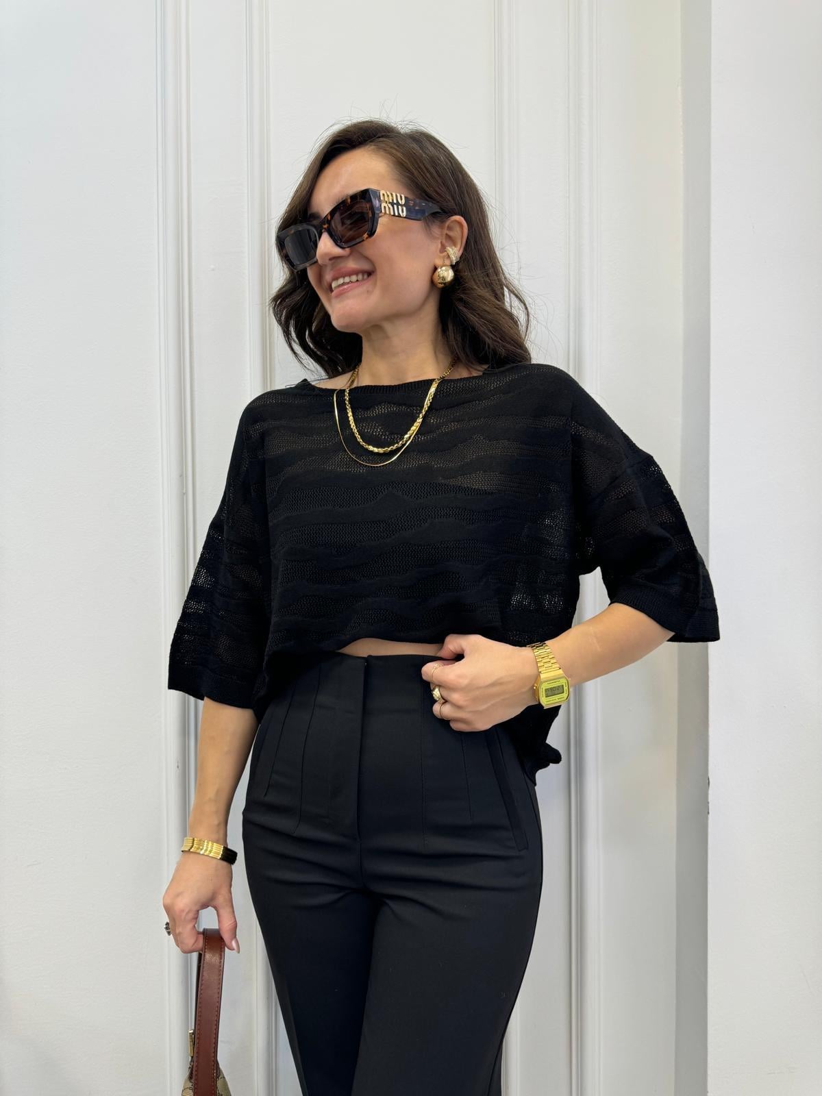 Siyah Ajurlu Dalga Desenli Triko Bluz 241055