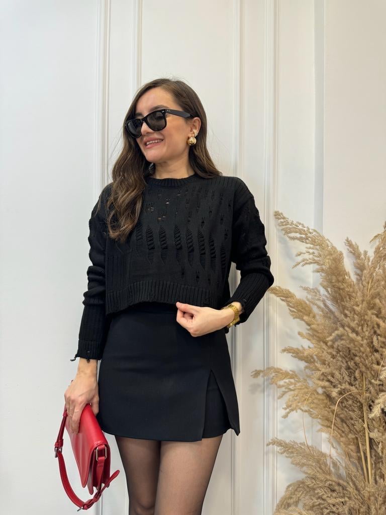 Siyah Ajurlu Örgü Kazak 4075