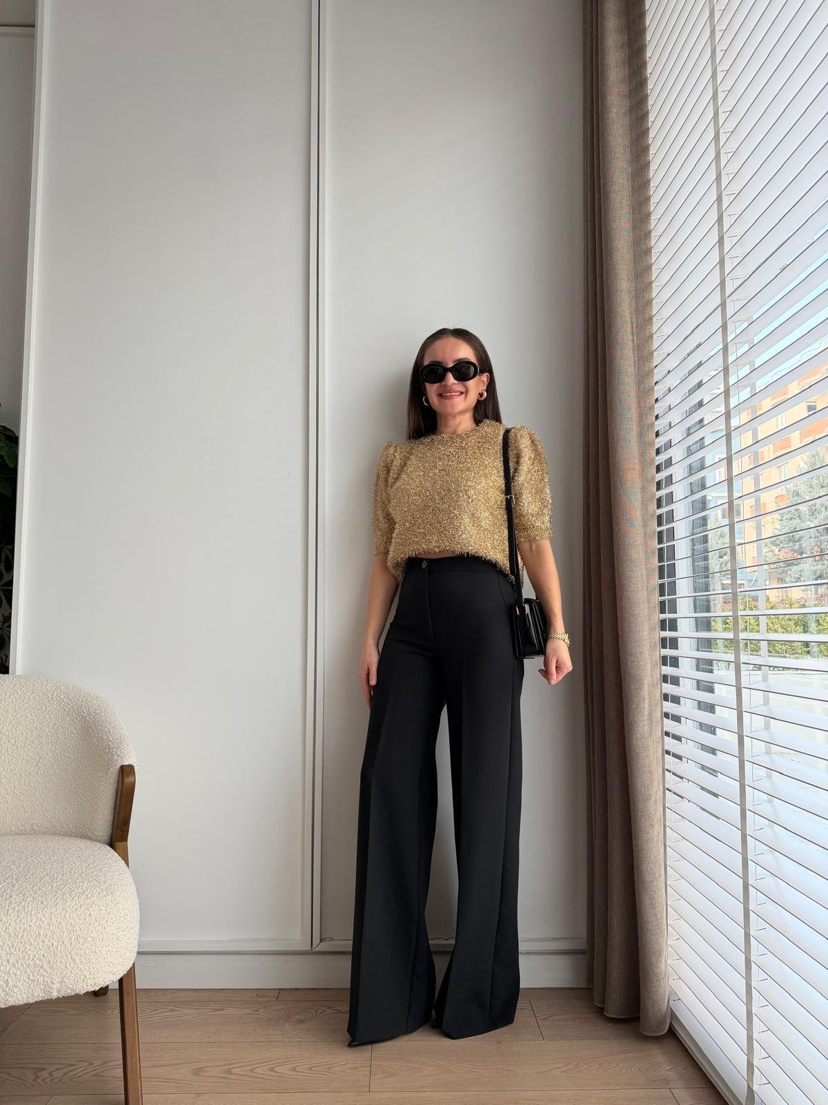 Siyah Arkası Flotalı Palazzo Pantolon 5156