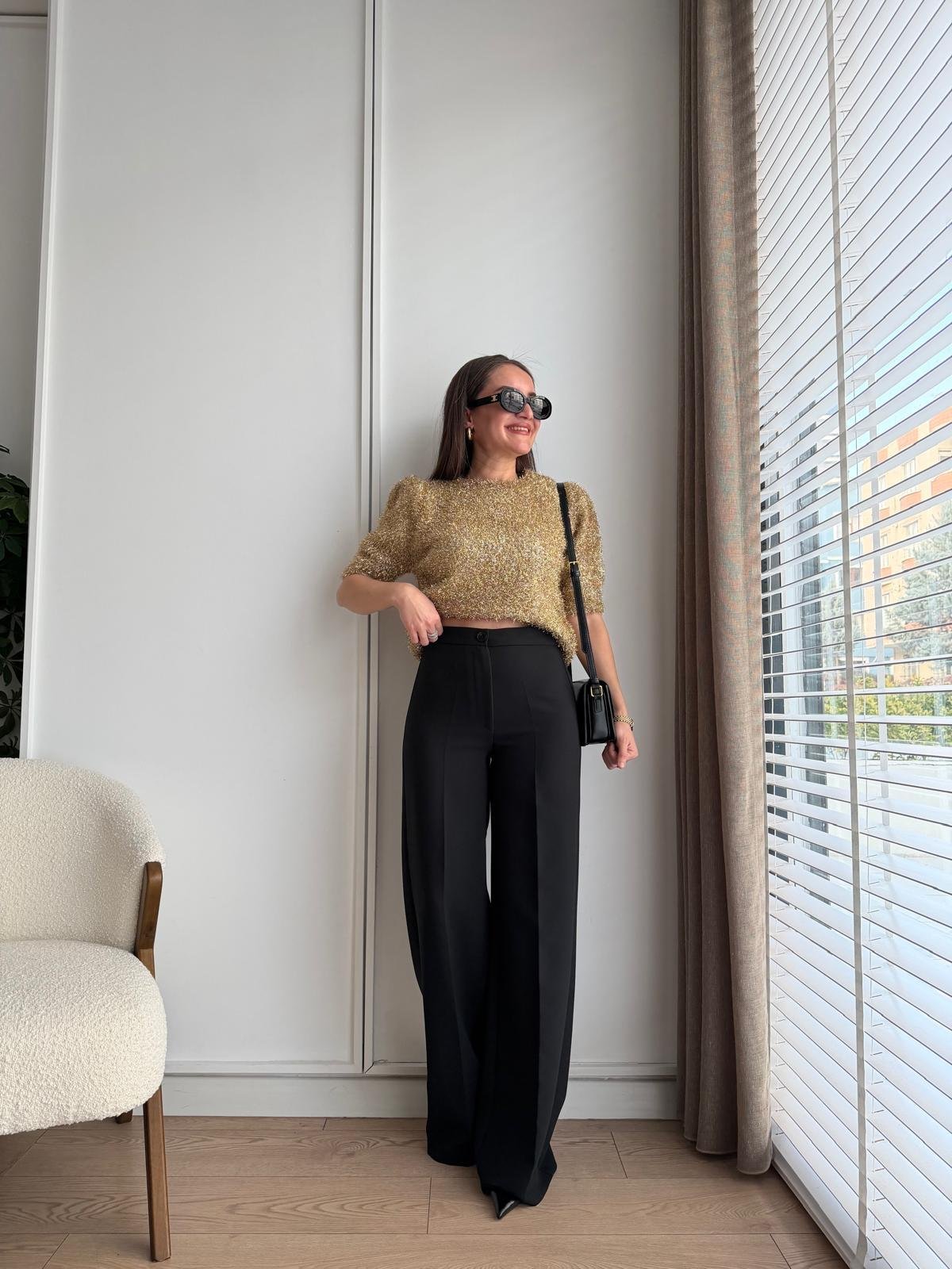 Siyah Arkası Flotalı Palazzo Pantolon 5156