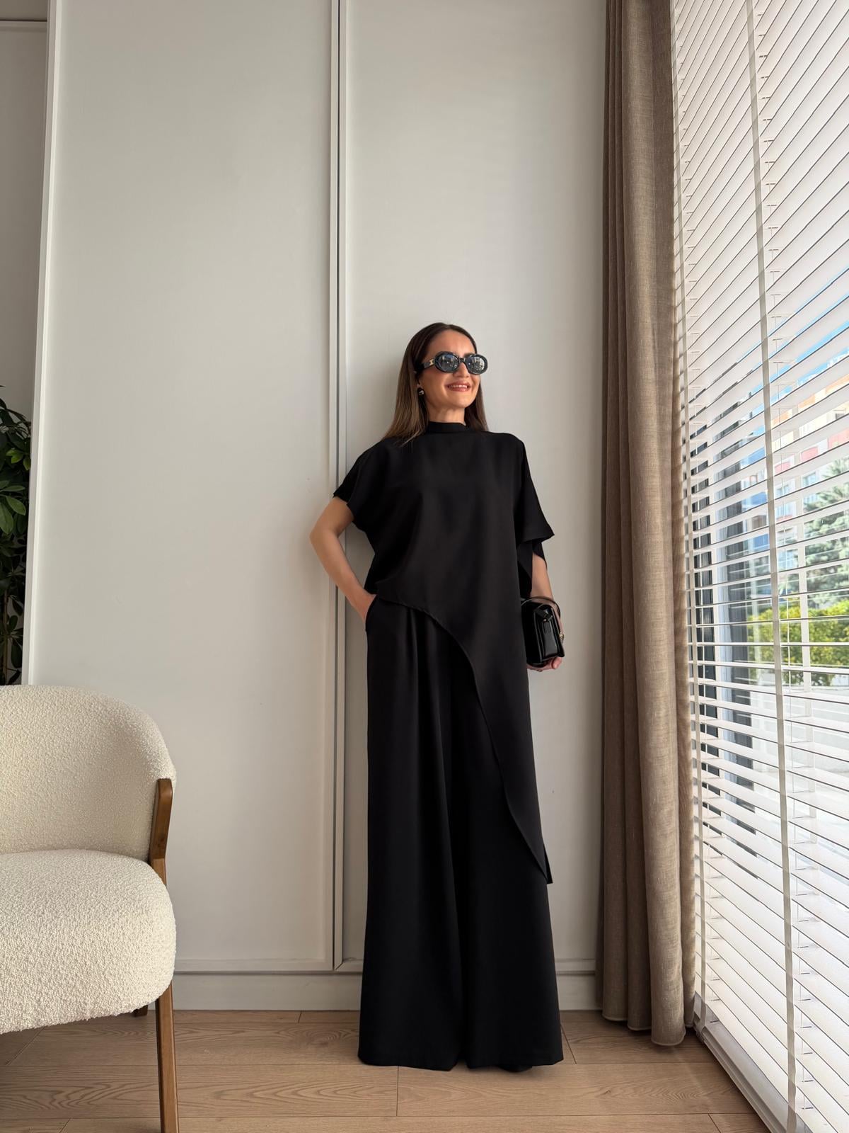 Siyah Asimetrik Bluz Pantolon Takım 9162