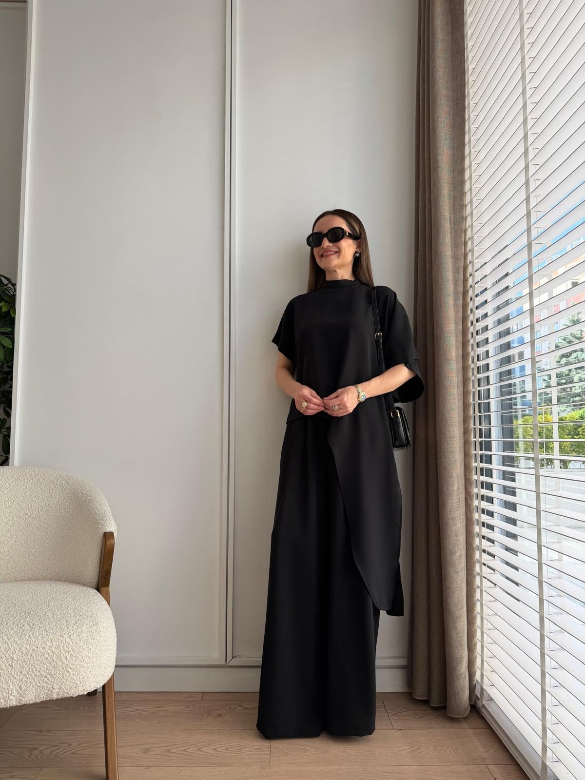 Siyah Asimetrik Bluz Pantolon Takım 9162