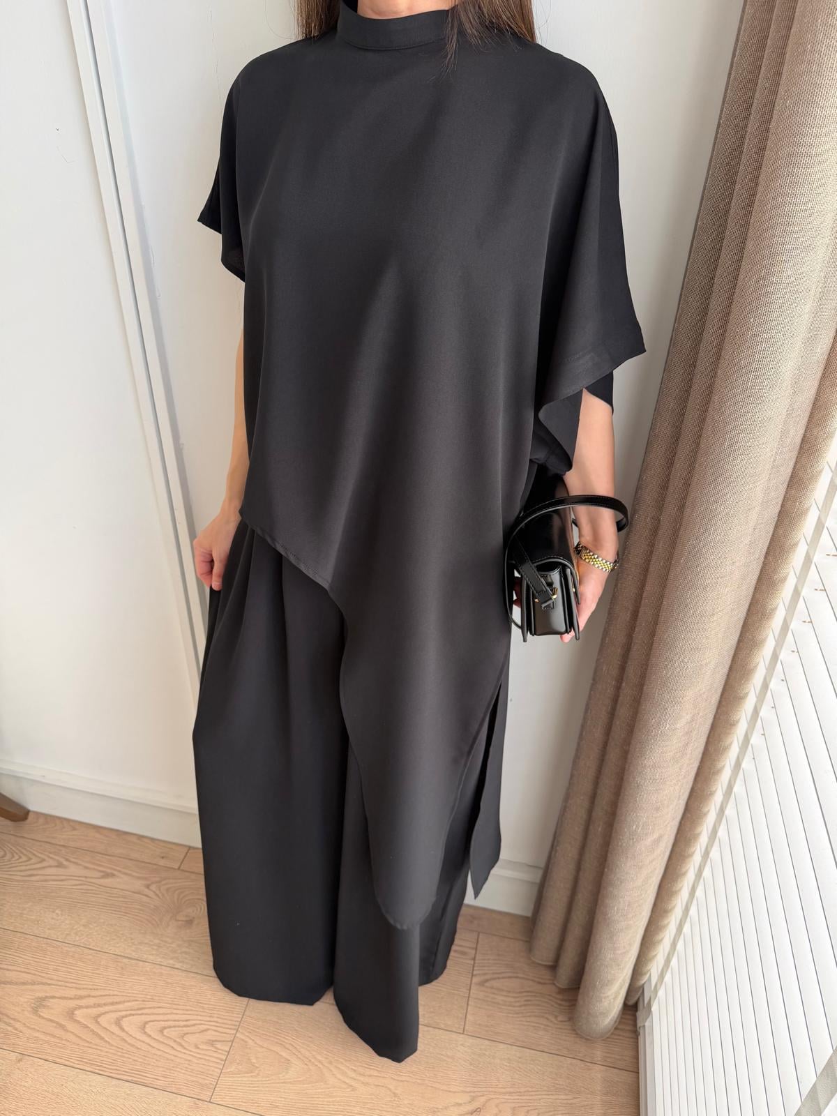 Siyah Asimetrik Bluz Pantolon Takım 9162