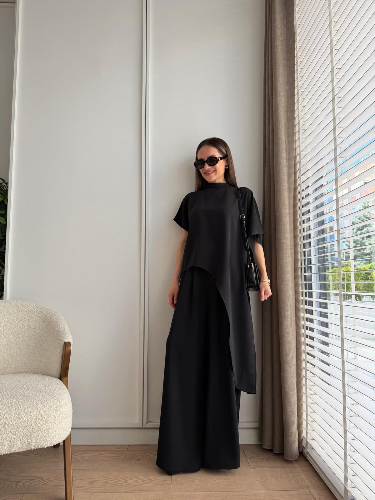 Siyah Asimetrik Bluz Pantolon Takım 9162