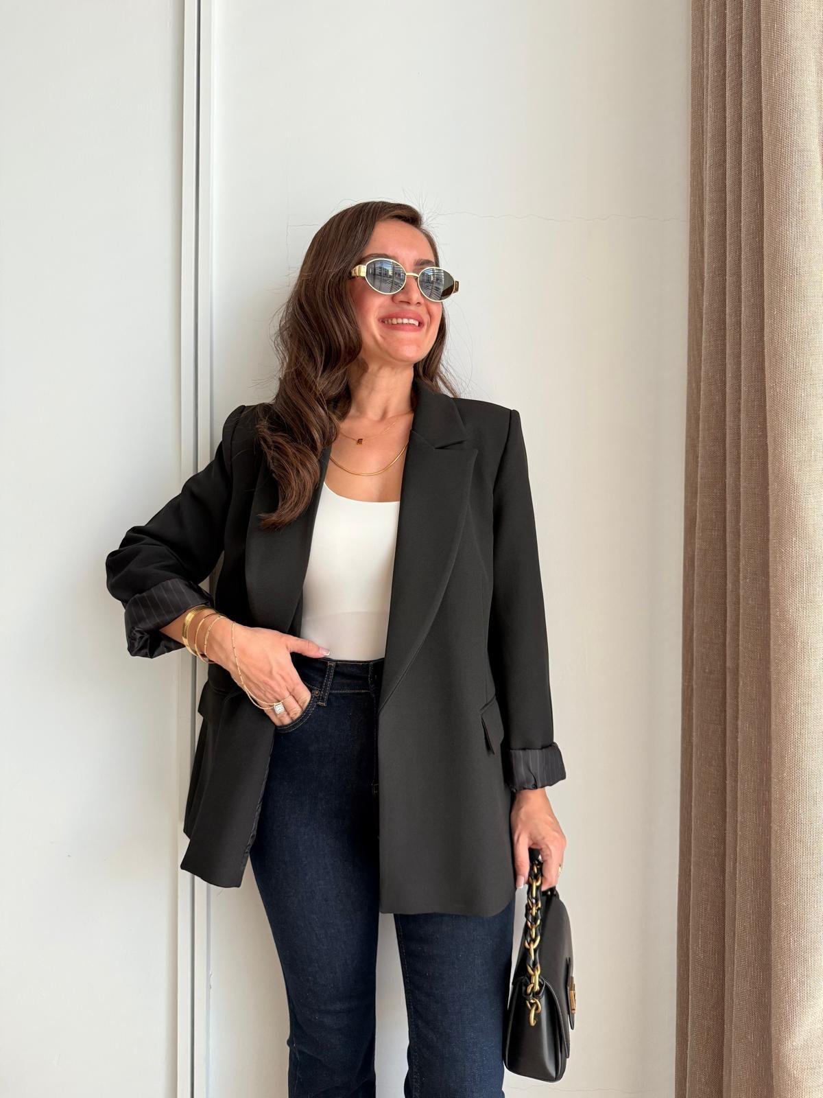 Siyah Astarlı Keten Blazer Ceket 7560