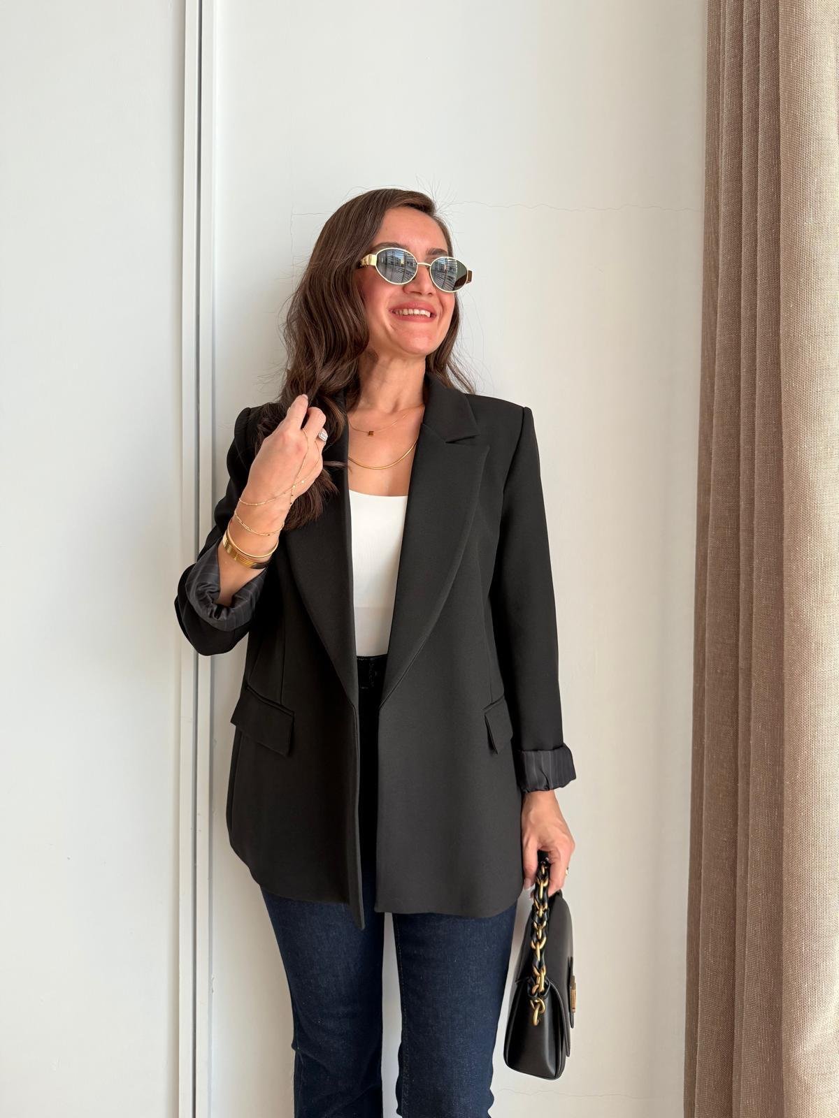 Siyah Astarlı Keten Blazer Ceket 7560