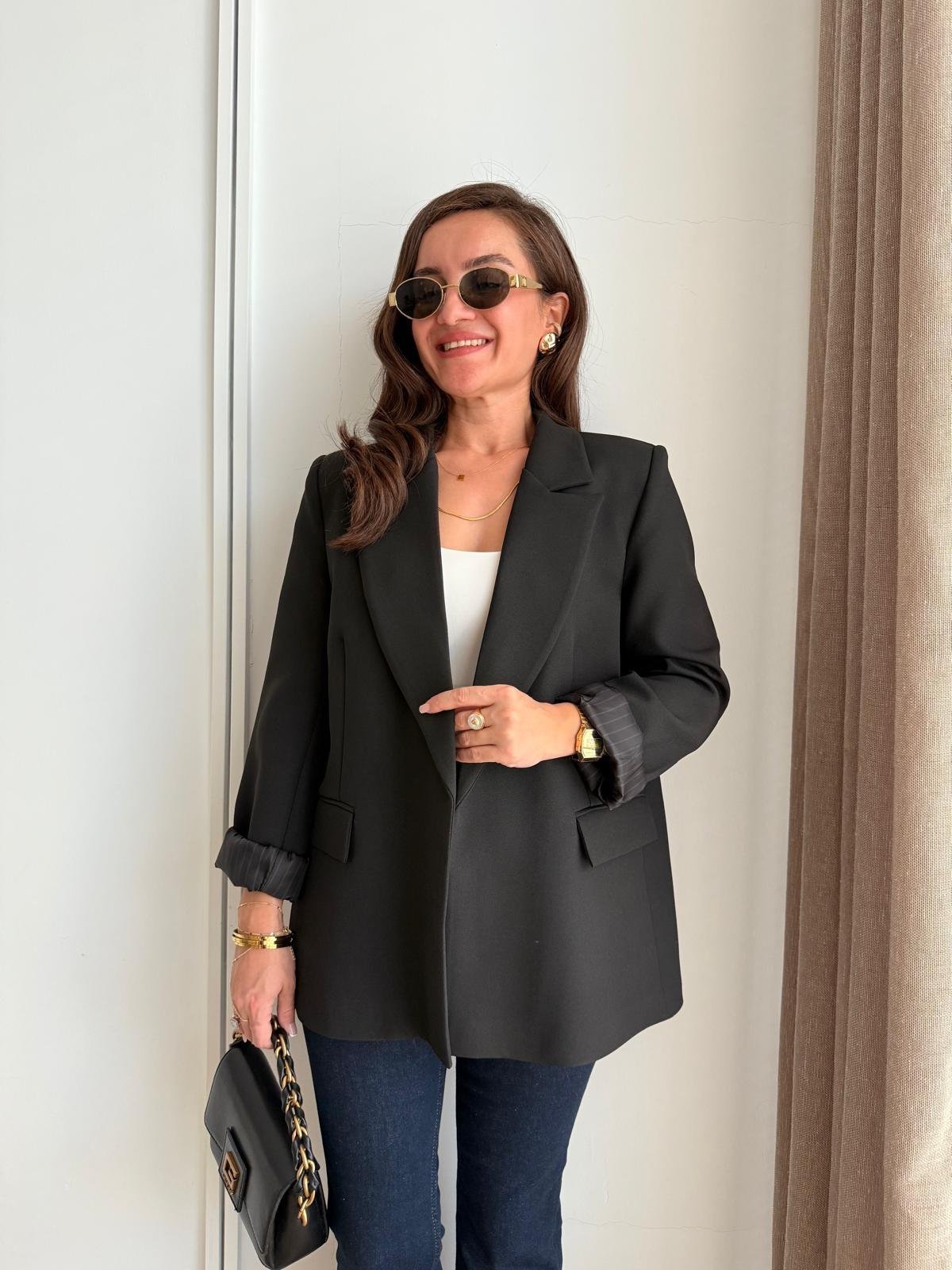 Siyah Astarlı Keten Blazer Ceket 7560