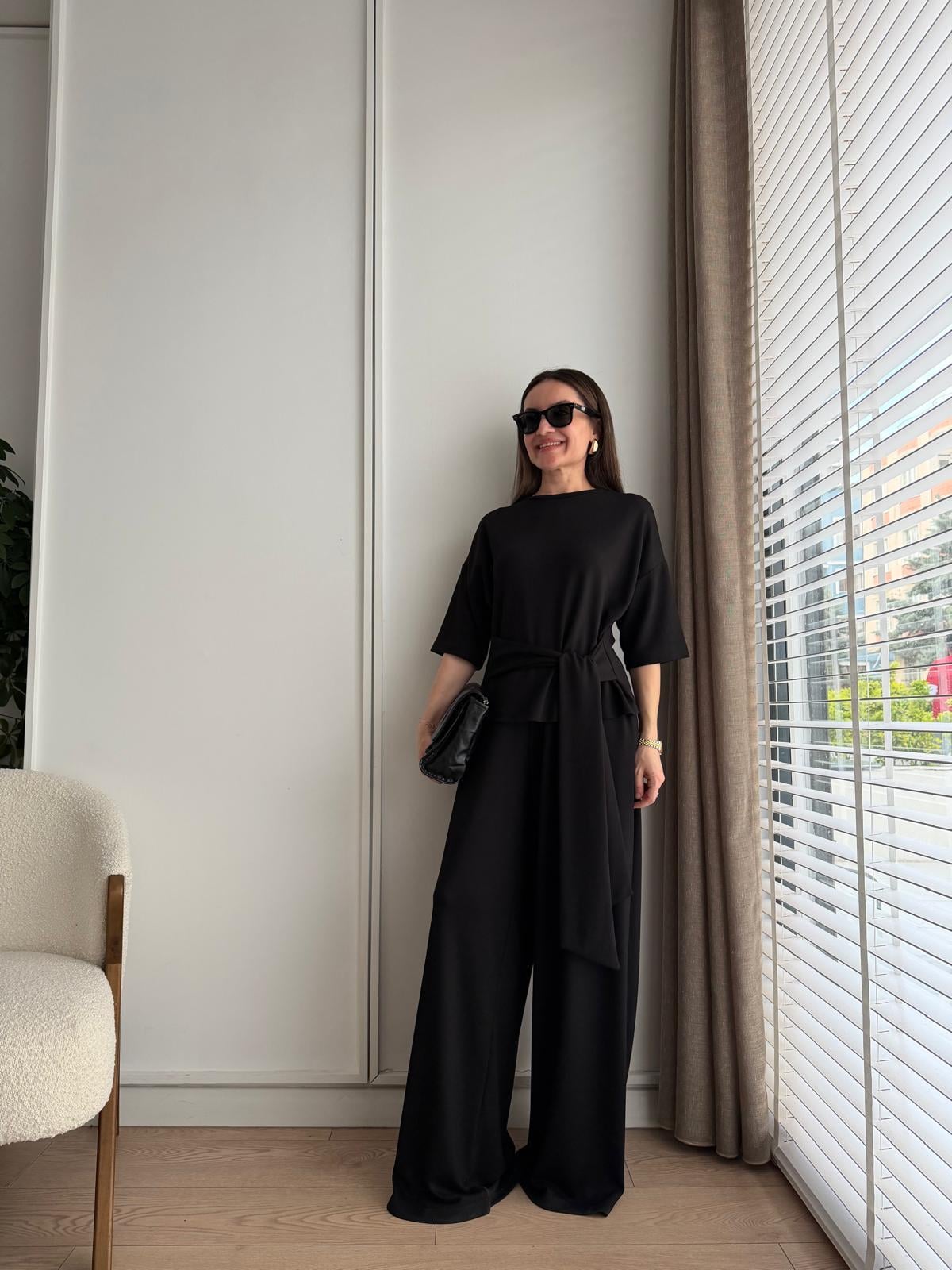 Siyah Bağlama Detaylı Bluz Pantolon Takım 4114