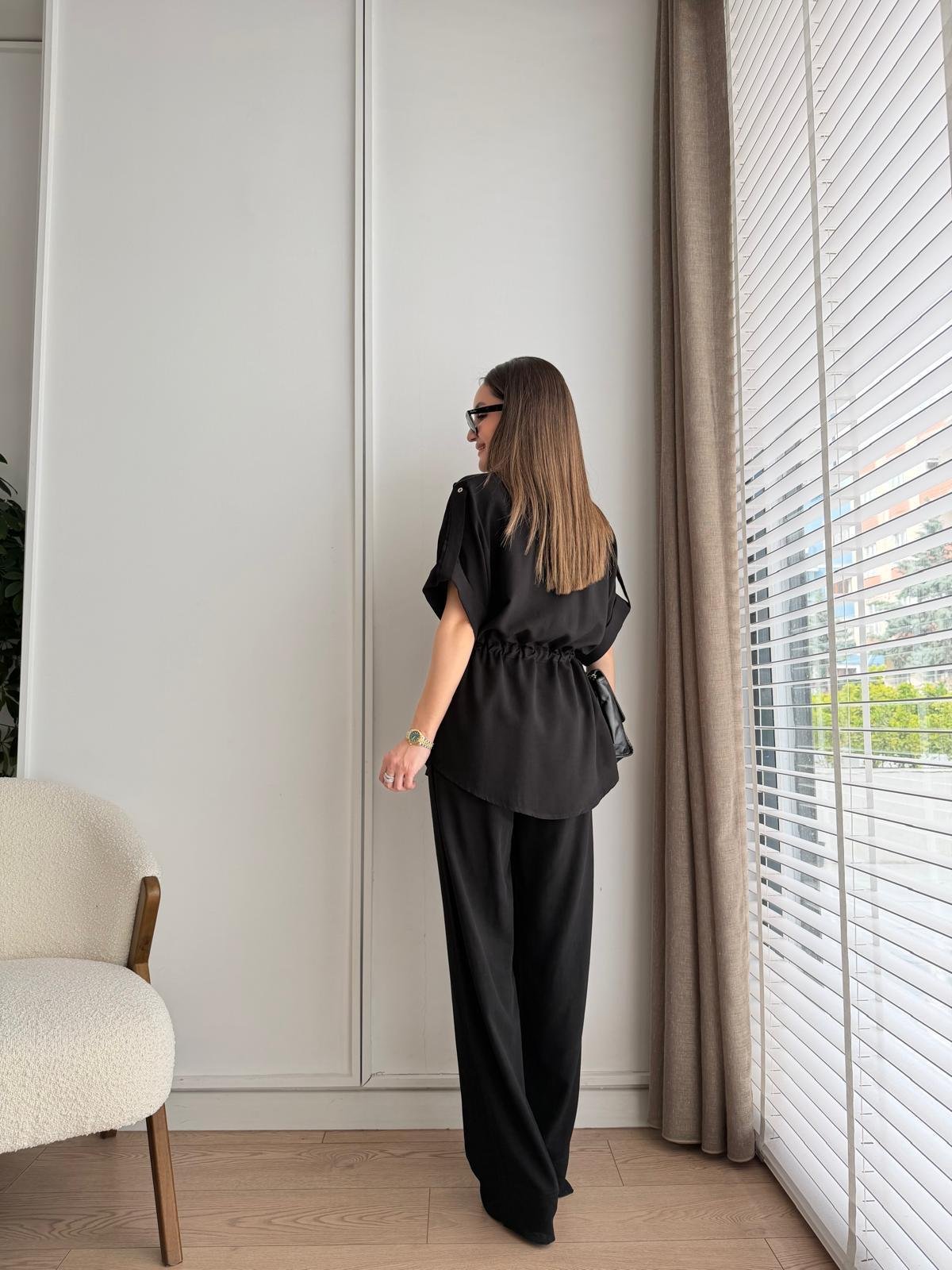 Siyah Bağlama Detaylı Keten Gömlek Pantolon Takım 05192