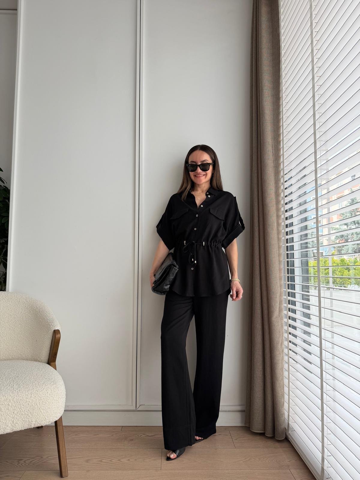 Siyah Bağlama Detaylı Keten Gömlek Pantolon Takım 05192