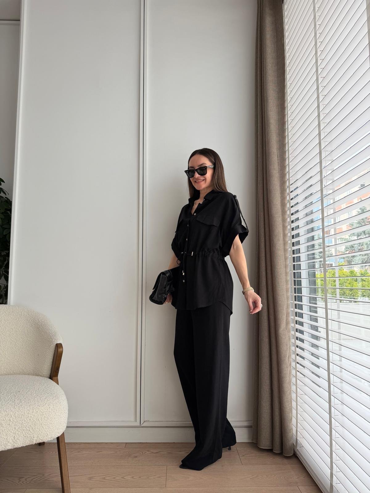 Siyah Bağlama Detaylı Keten Gömlek Pantolon Takım 05192