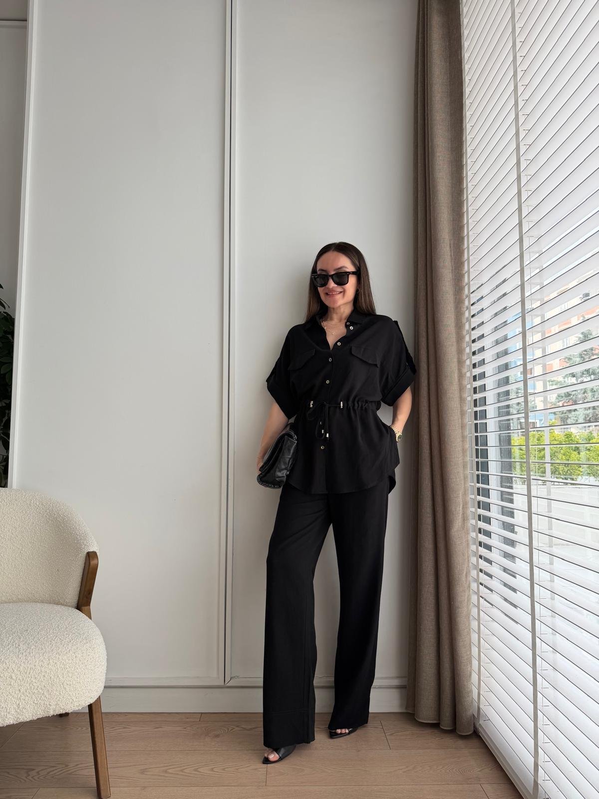 Siyah Bağlama Detaylı Keten Gömlek Pantolon Takım 05192