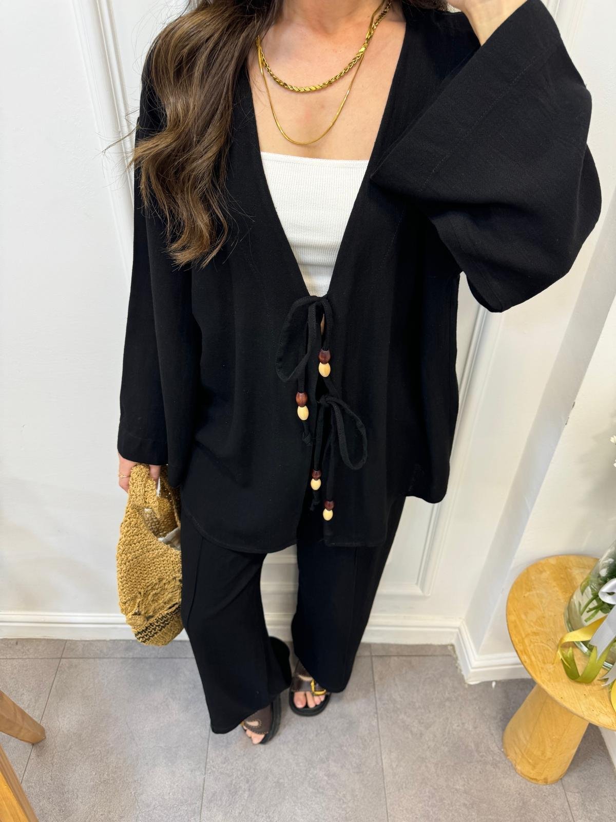 Siyah Bağlama Detaylı Kimono Pantolon Takım 9262