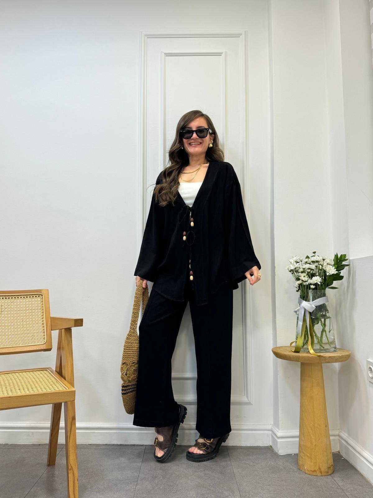 Siyah Bağlama Detaylı Kimono Pantolon Takım 9262