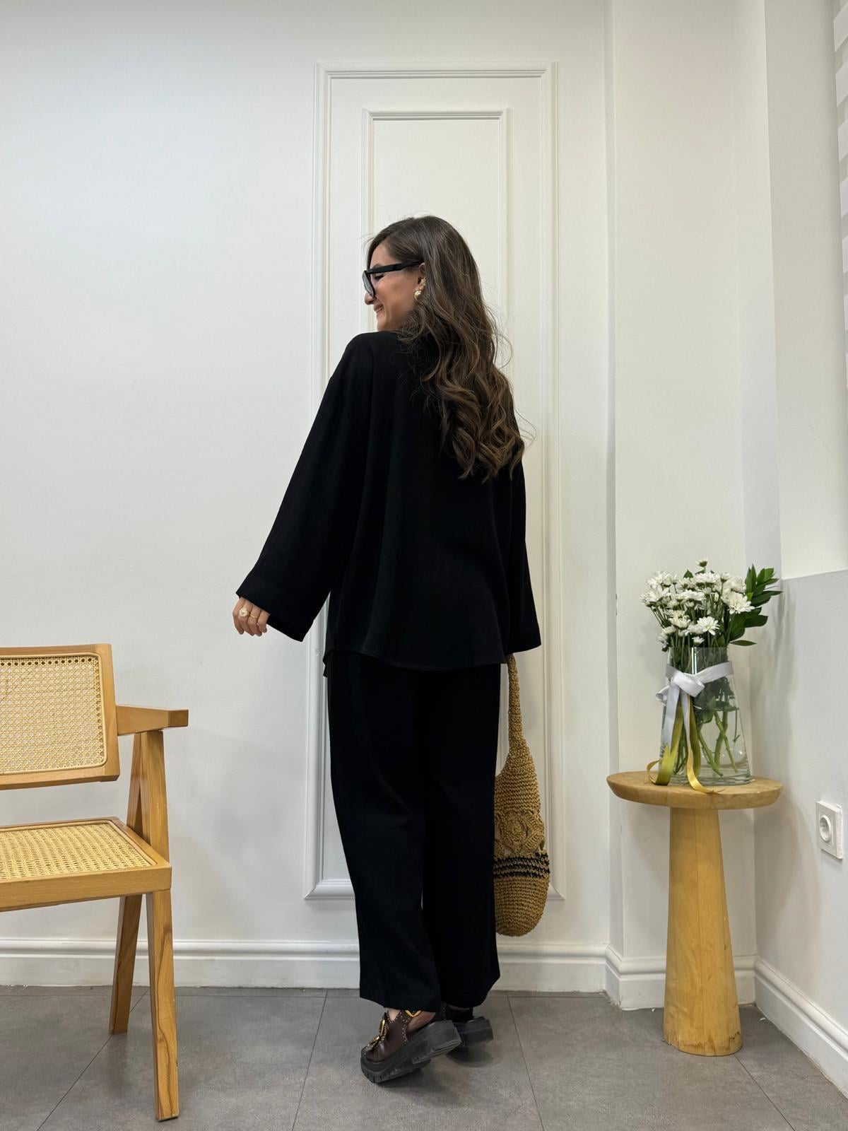 Siyah Bağlama Detaylı Kimono Pantolon Takım 9262