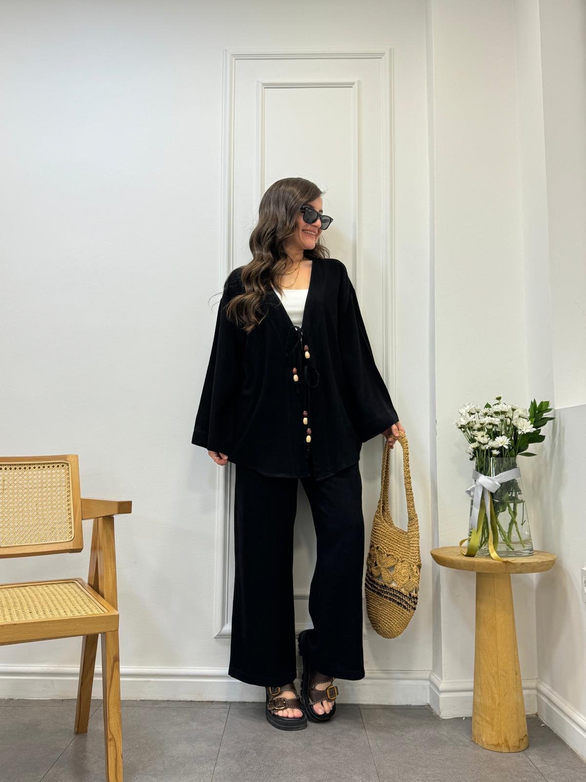 Siyah Bağlama Detaylı Kimono Pantolon Takım 9262