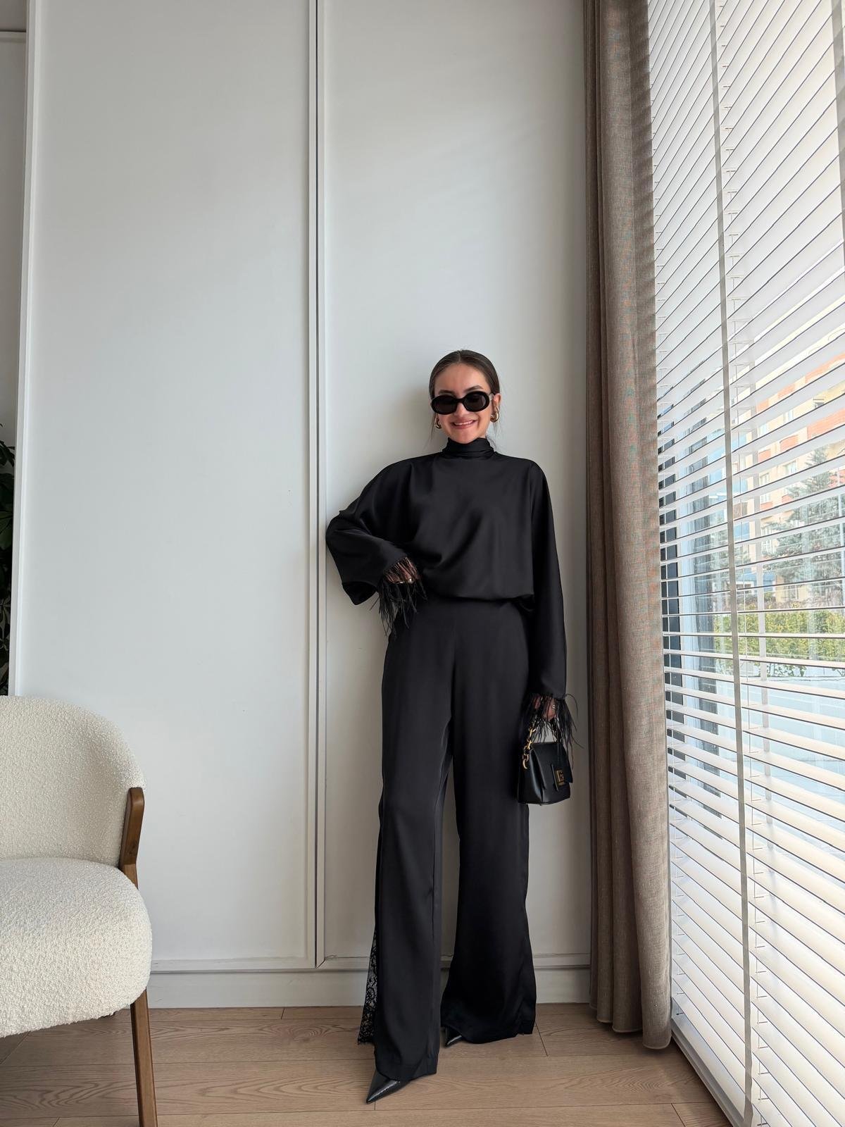 Siyah Bağlama Detaylı Otrişli Bluz 31355
