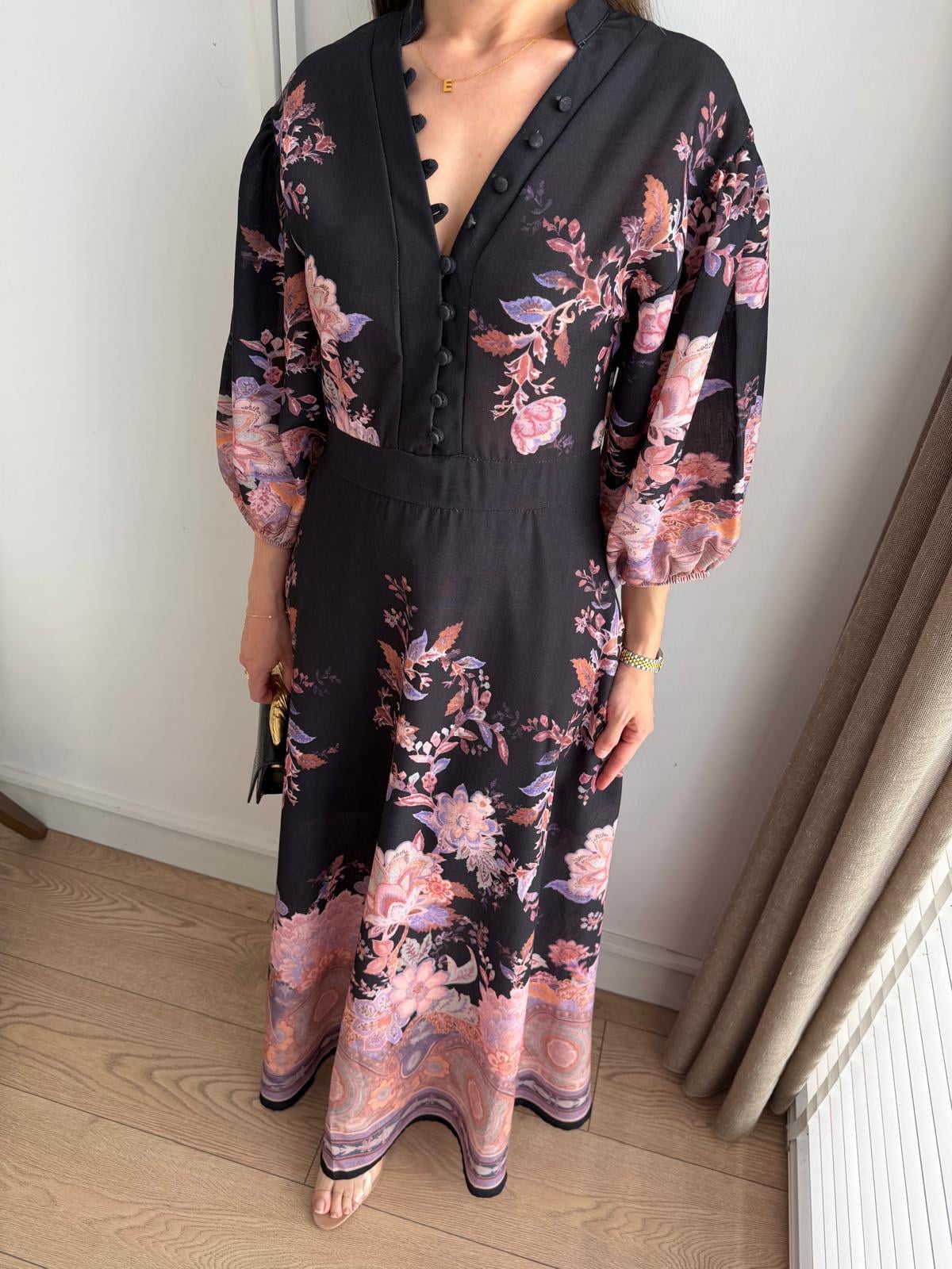 Siyah Balon Kol Floral Desenli Elbise 7986
