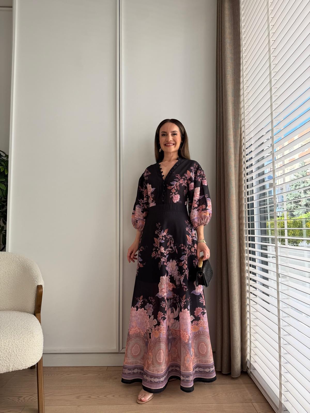 Siyah Balon Kol Floral Desenli Elbise 7986