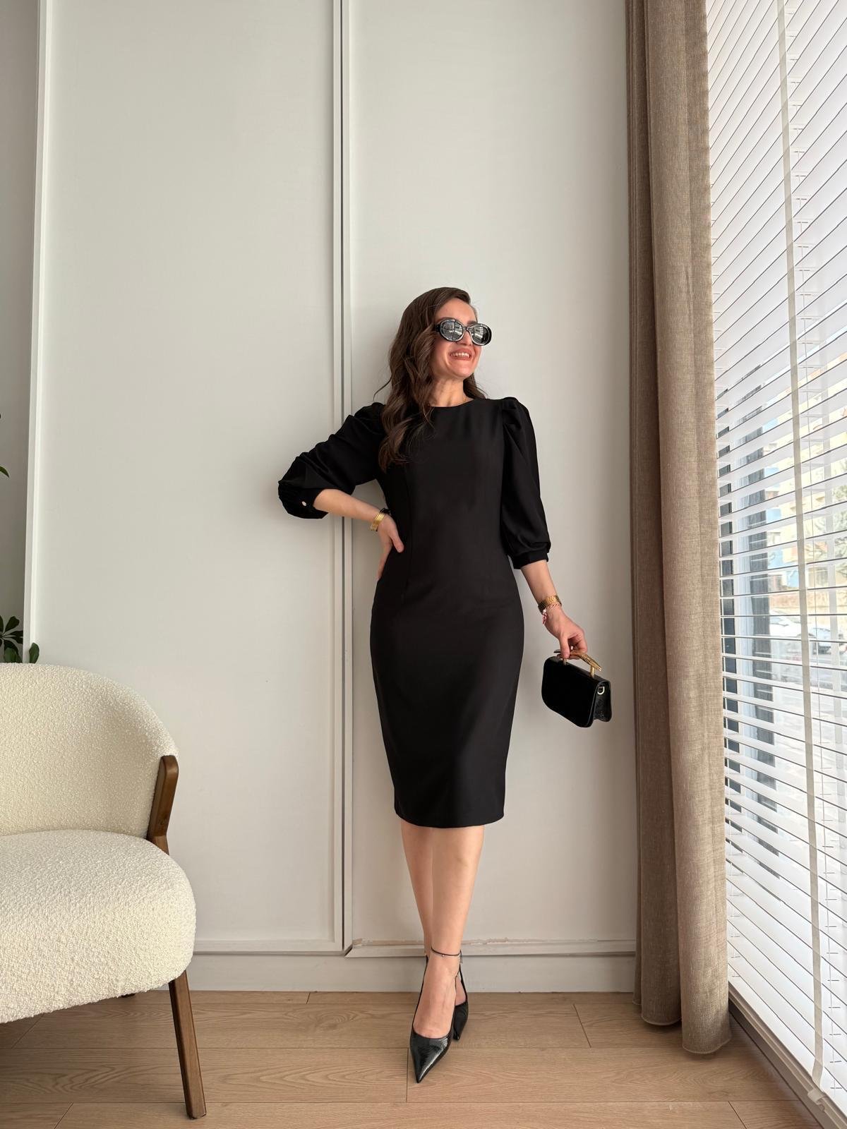 Siyah Balon Kol Kalem Elbise 569
