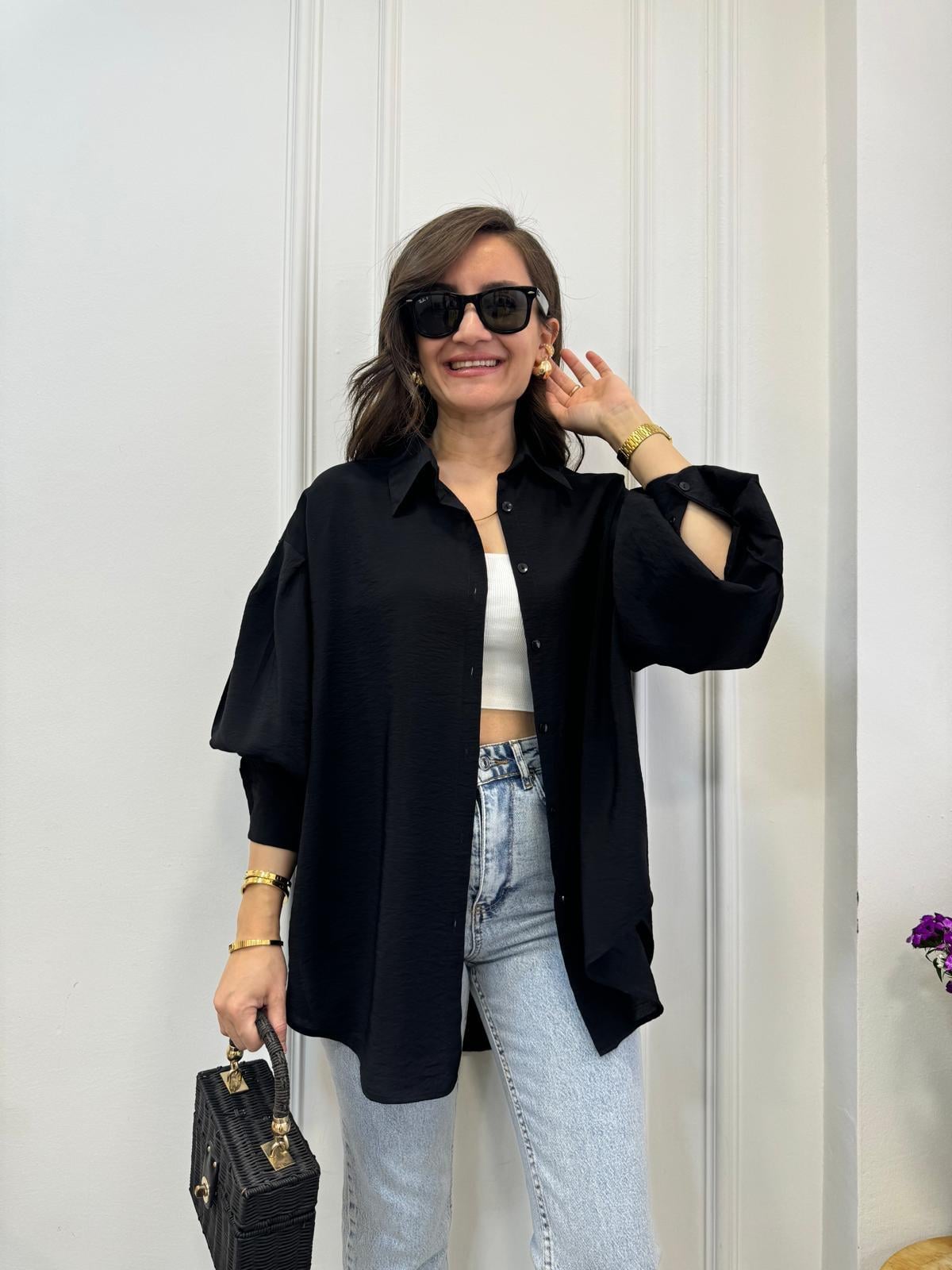 Siyah Balon Kol Oversize Gömlek 0341