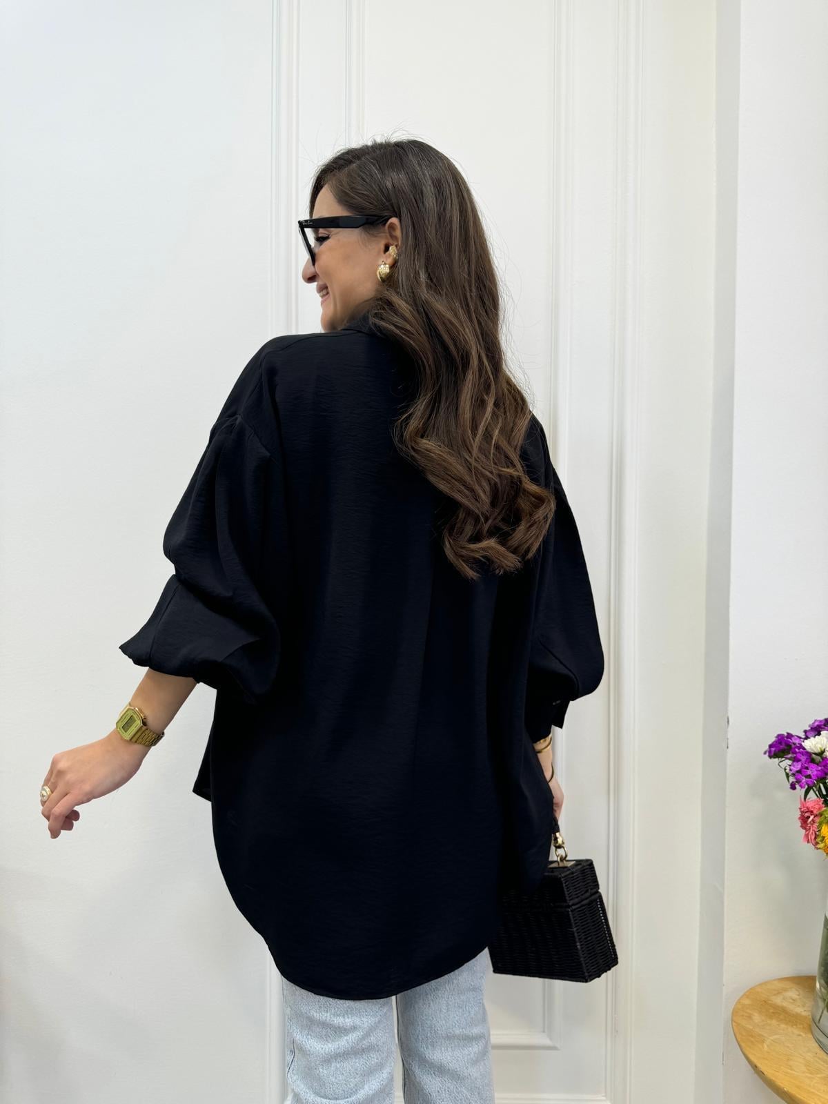 Siyah Balon Kol Oversize Gömlek 0341