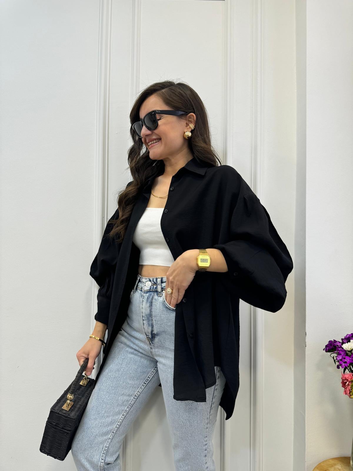 Siyah Balon Kol Oversize Gömlek 0341