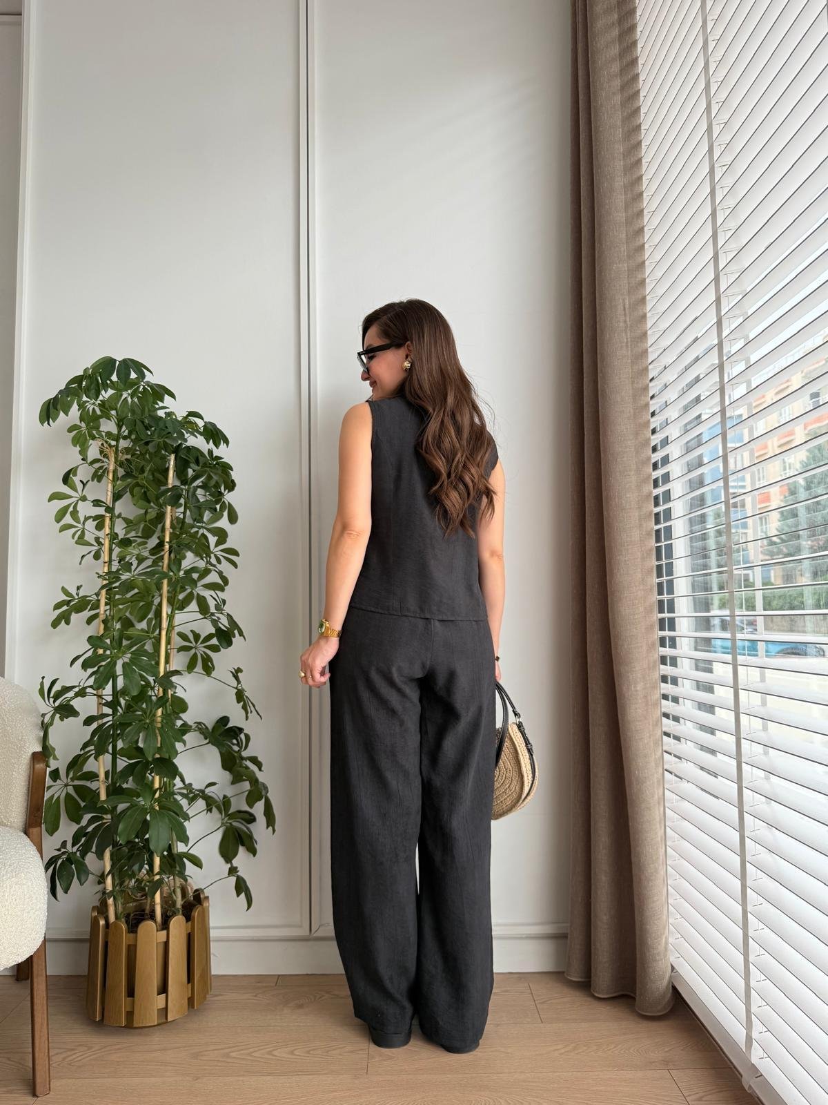 Siyah Bambu Kumaş Düğmeli Bluz Pantolon Takım 505