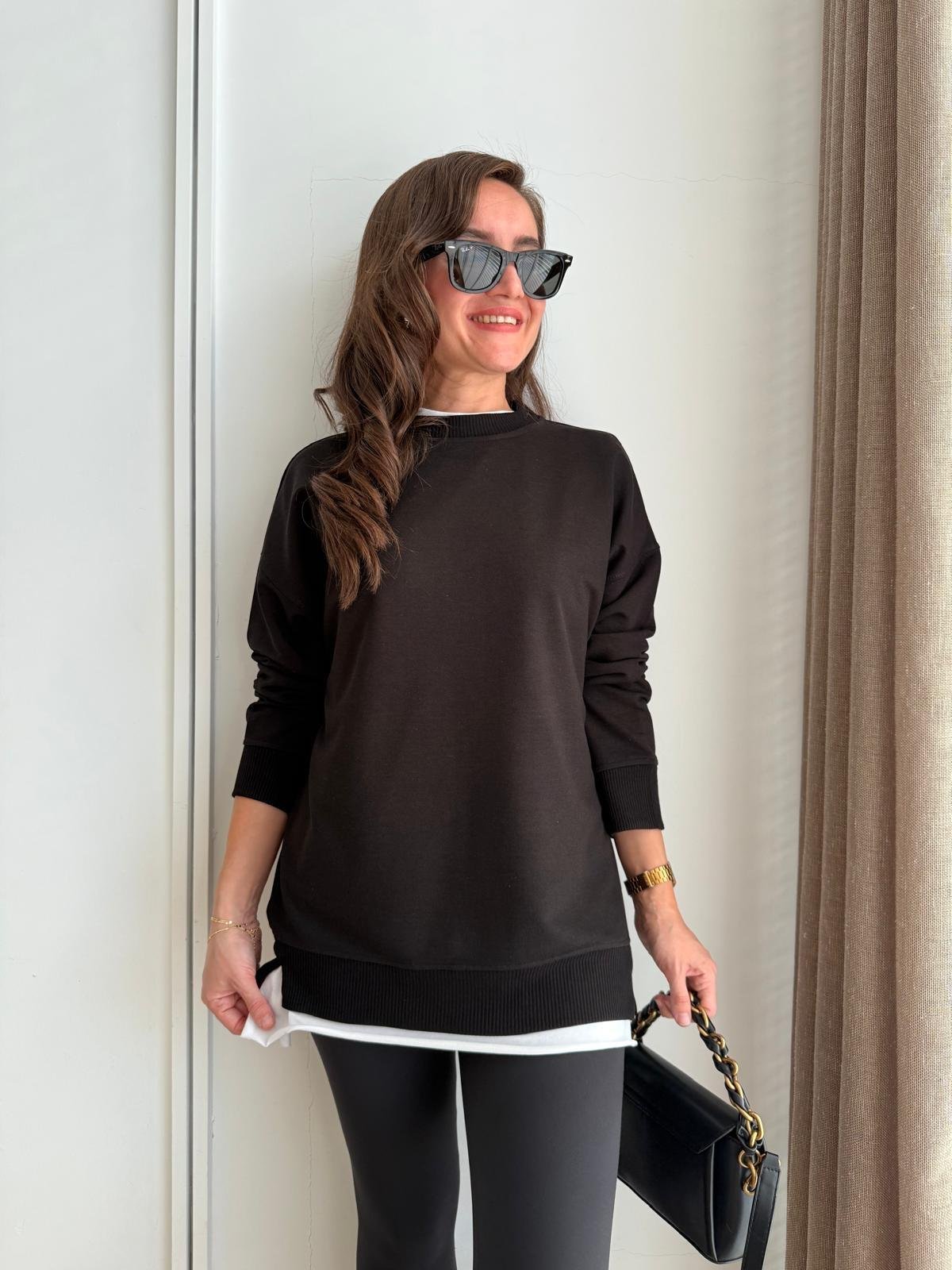 Siyah Basic İki İplik Sweatshirt 9002