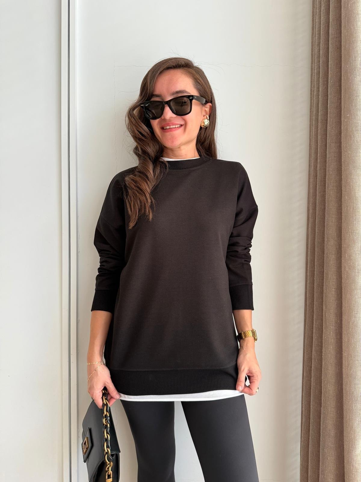 Siyah Basic İki İplik Sweatshirt 9002