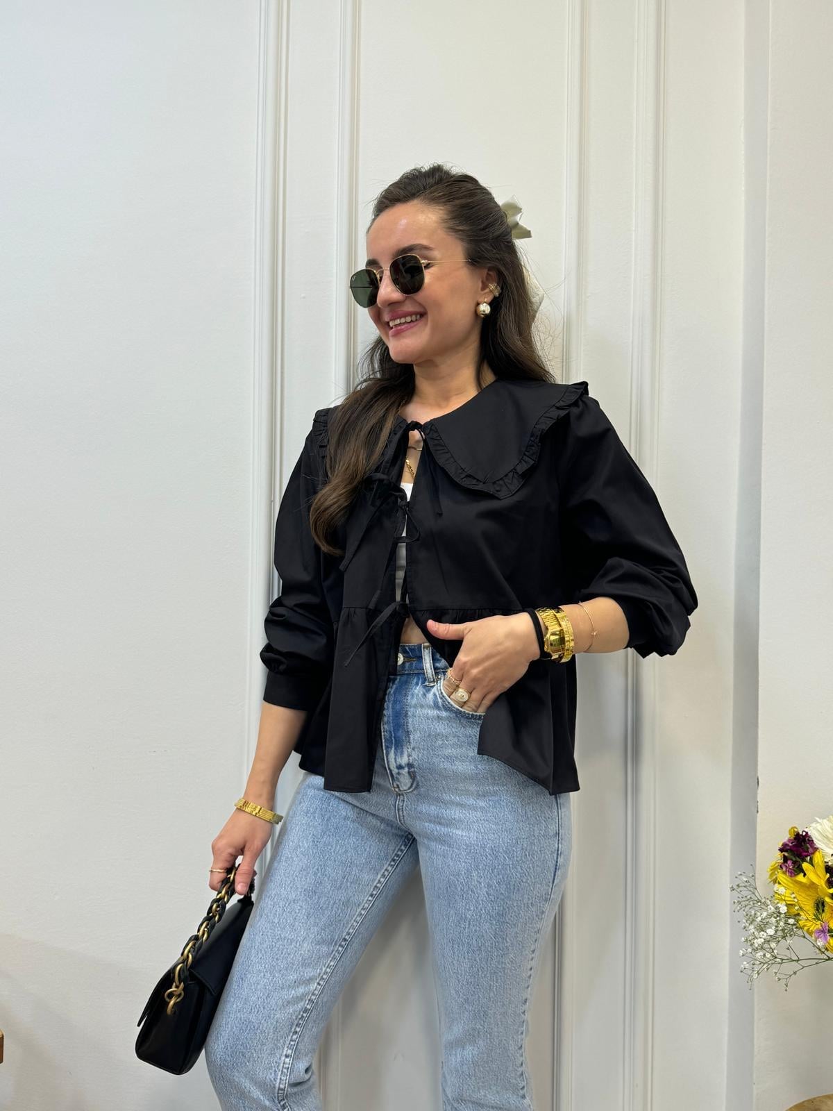 Siyah Bebe Yaka Önden Bağlamalı Bluz 34657