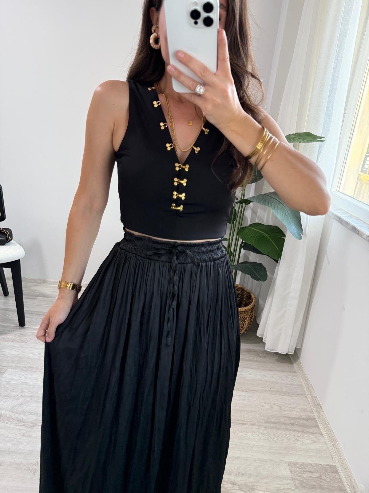 Siyah Bel Bağlamalı Chruslı Midi Boy Etek 02947