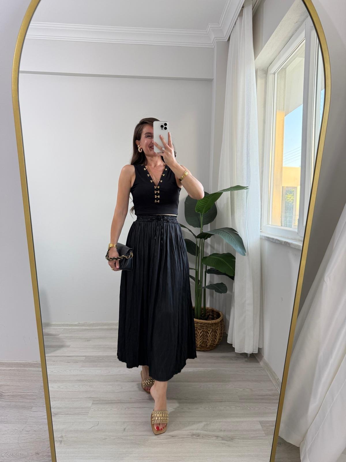 Siyah Bel Bağlamalı Chruslı Midi Boy Etek 02947