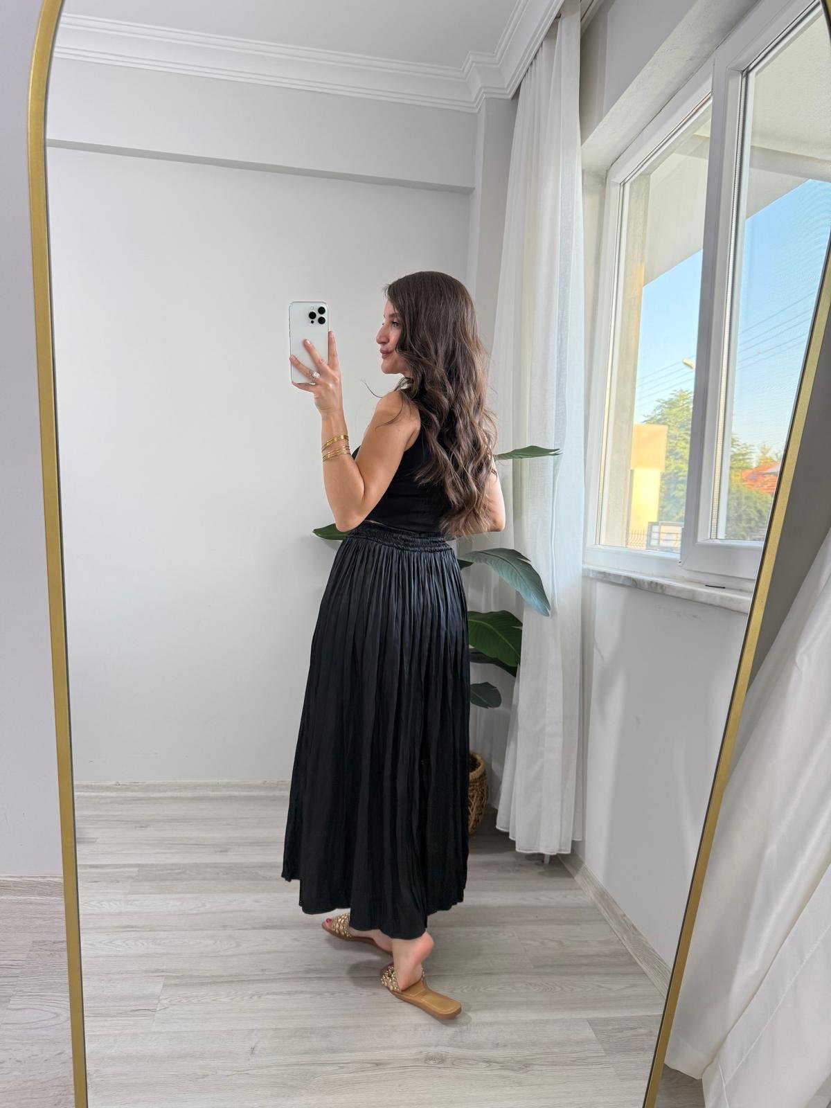 Siyah Bel Bağlamalı Chruslı Midi Boy Etek 02947