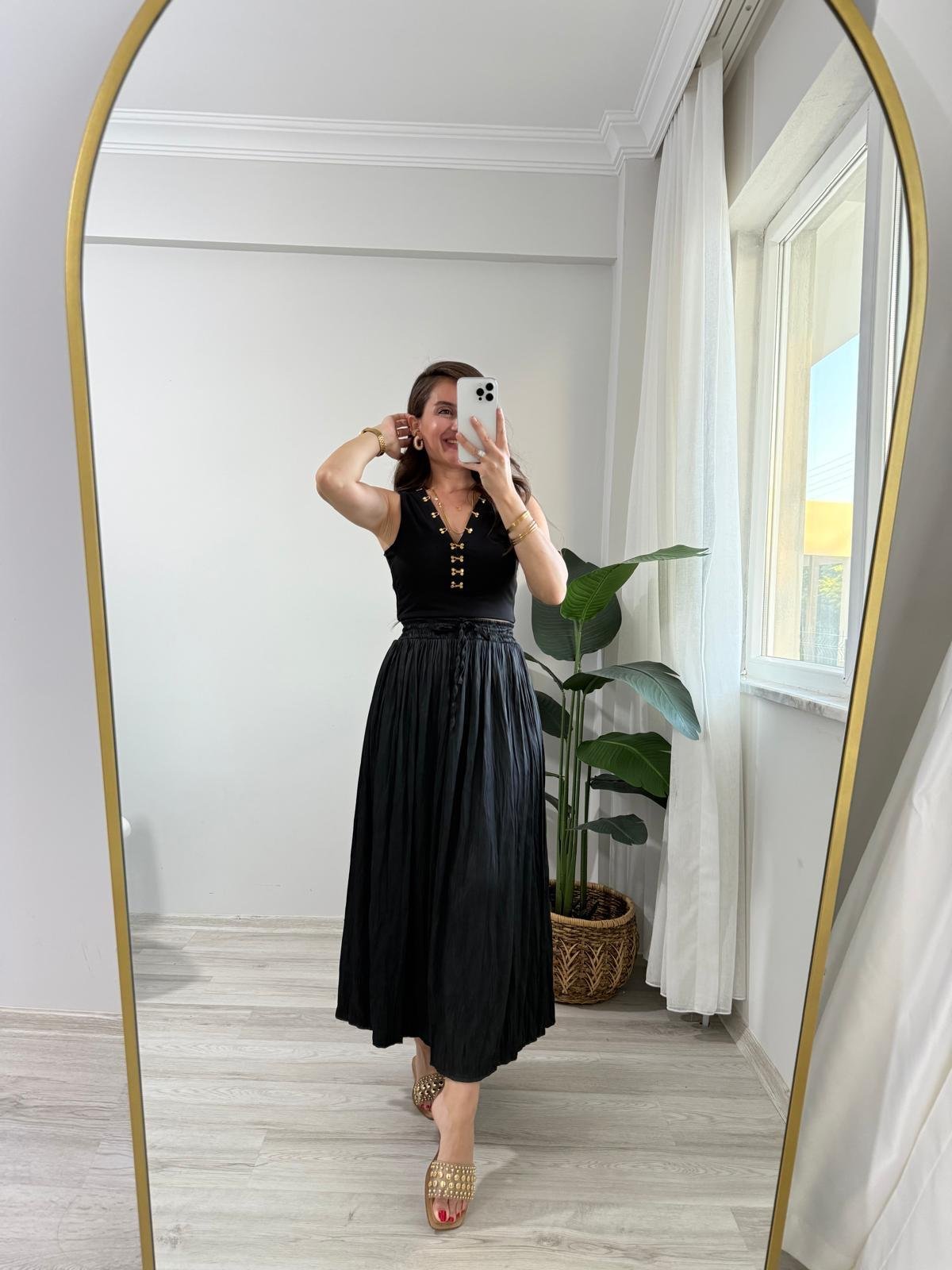 Siyah Bel Bağlamalı Chruslı Midi Boy Etek 02947