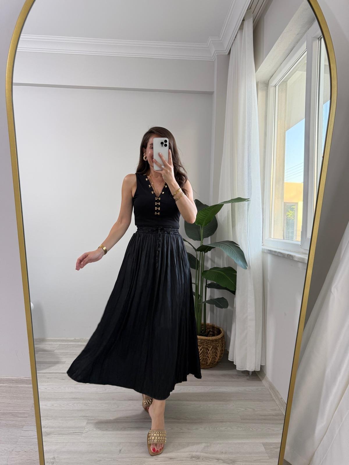 Siyah Bel Bağlamalı Chruslı Midi Boy Etek 02947