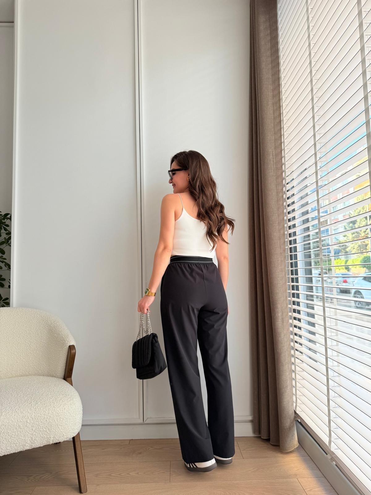 Siyah Bel Detaylı Palazzo Pantolon 4826