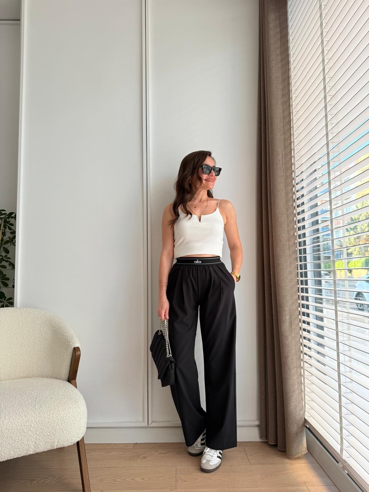 Siyah Bel Detaylı Palazzo Pantolon 4826