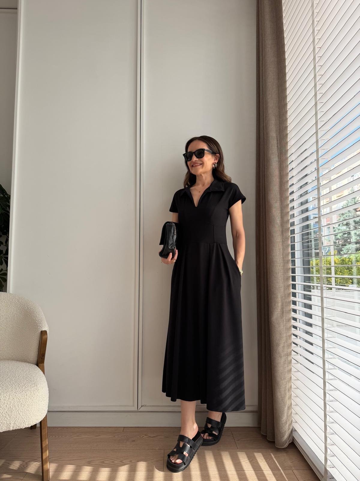 Siyah Bel Detaylı Polo Yaka Cepli Modal Elbise 4129