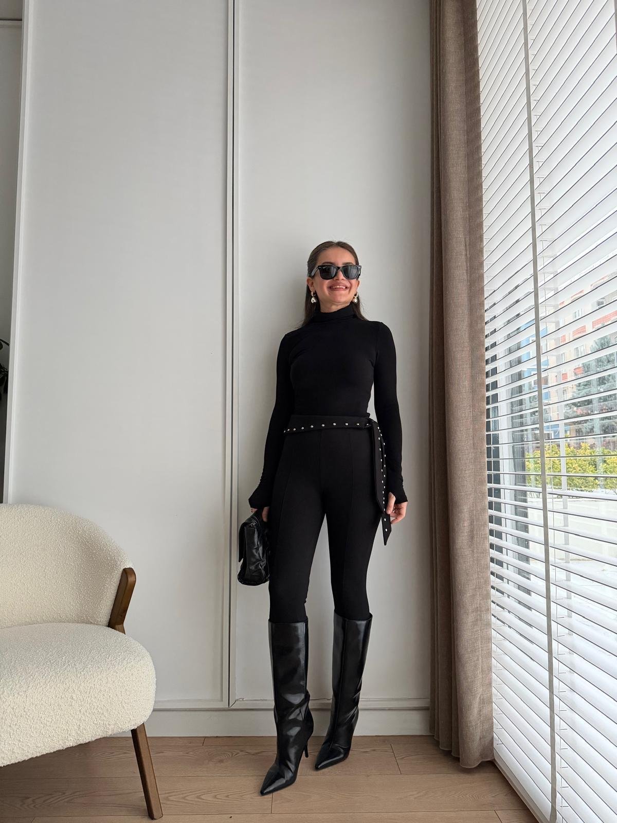 Siyah Bel Detaylı Tayt Pantolon 36985
