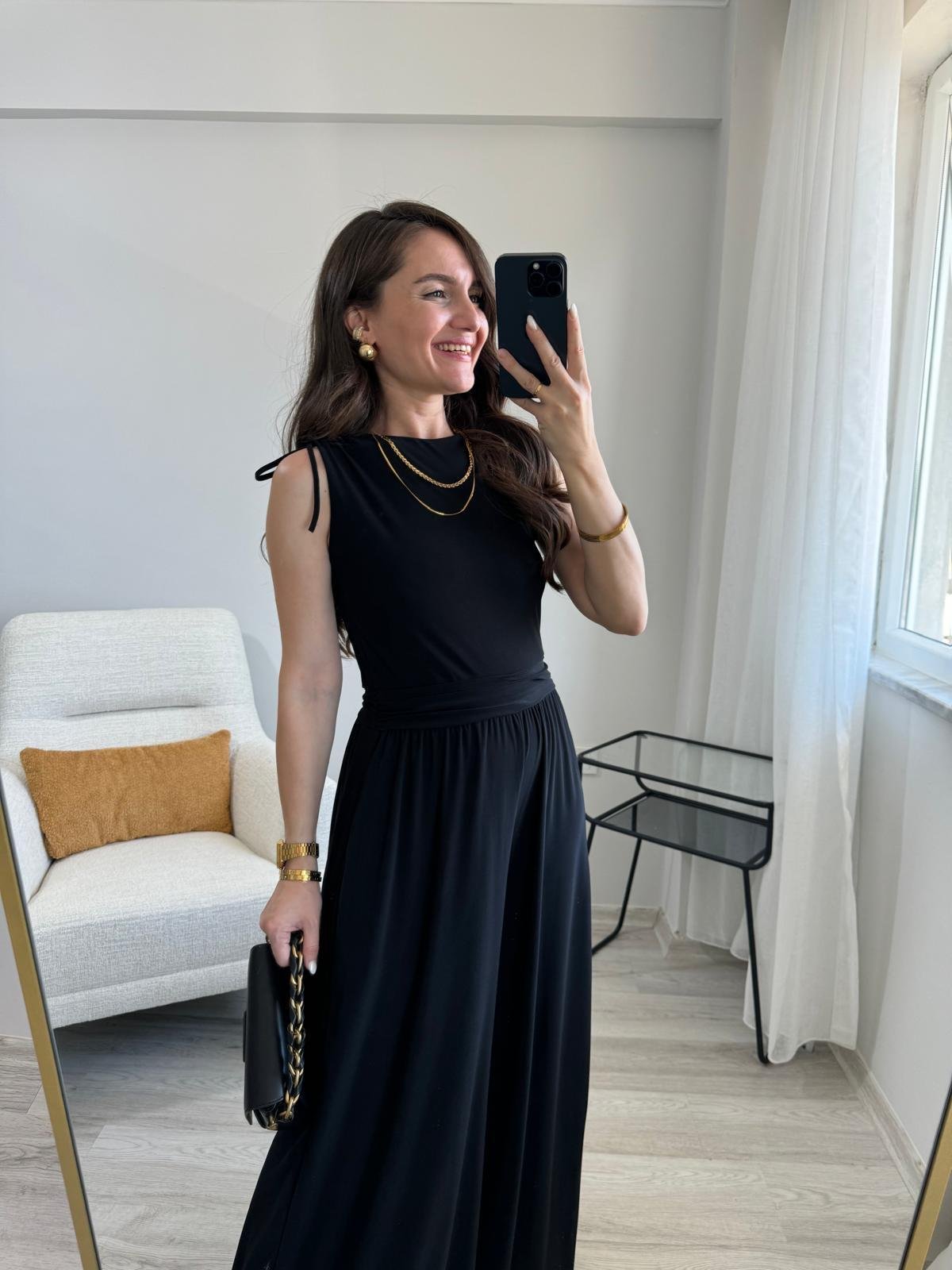 Siyah Bel Drape Detaylı Tulum 9134