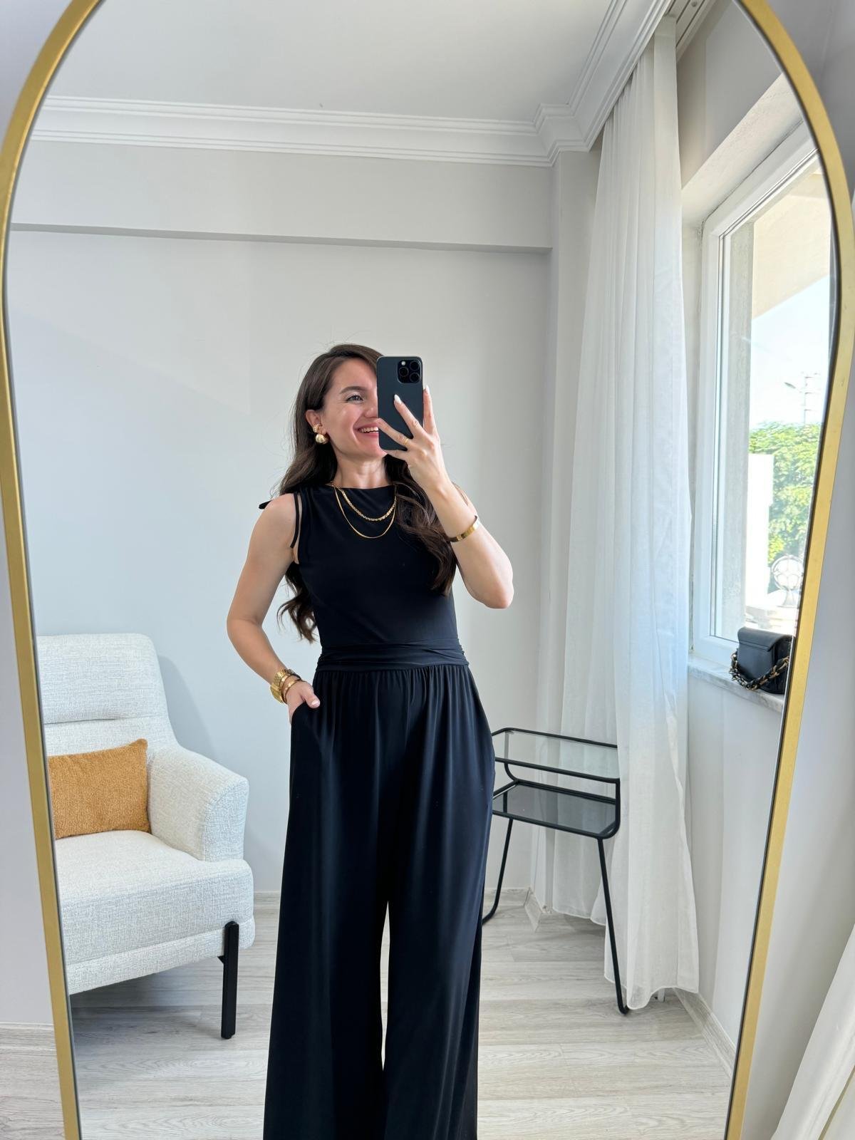 Siyah Bel Drape Detaylı Tulum 9134