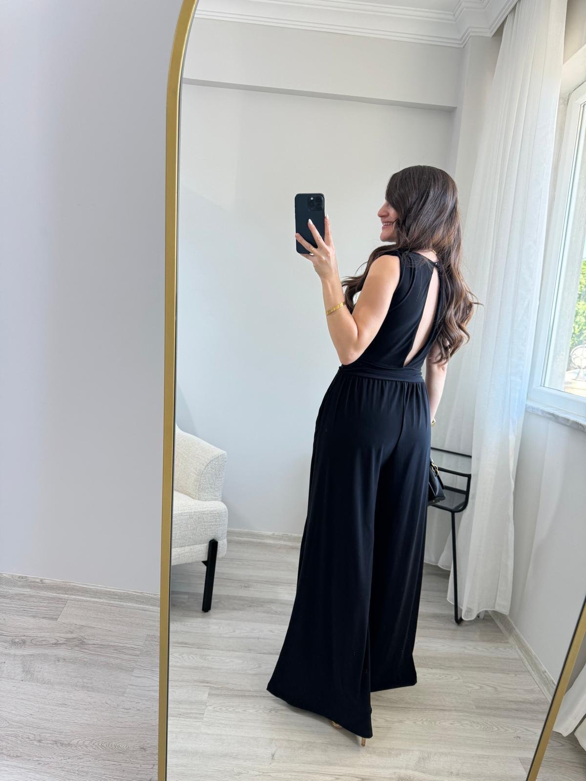 Siyah Bel Drape Detaylı Tulum 9134
