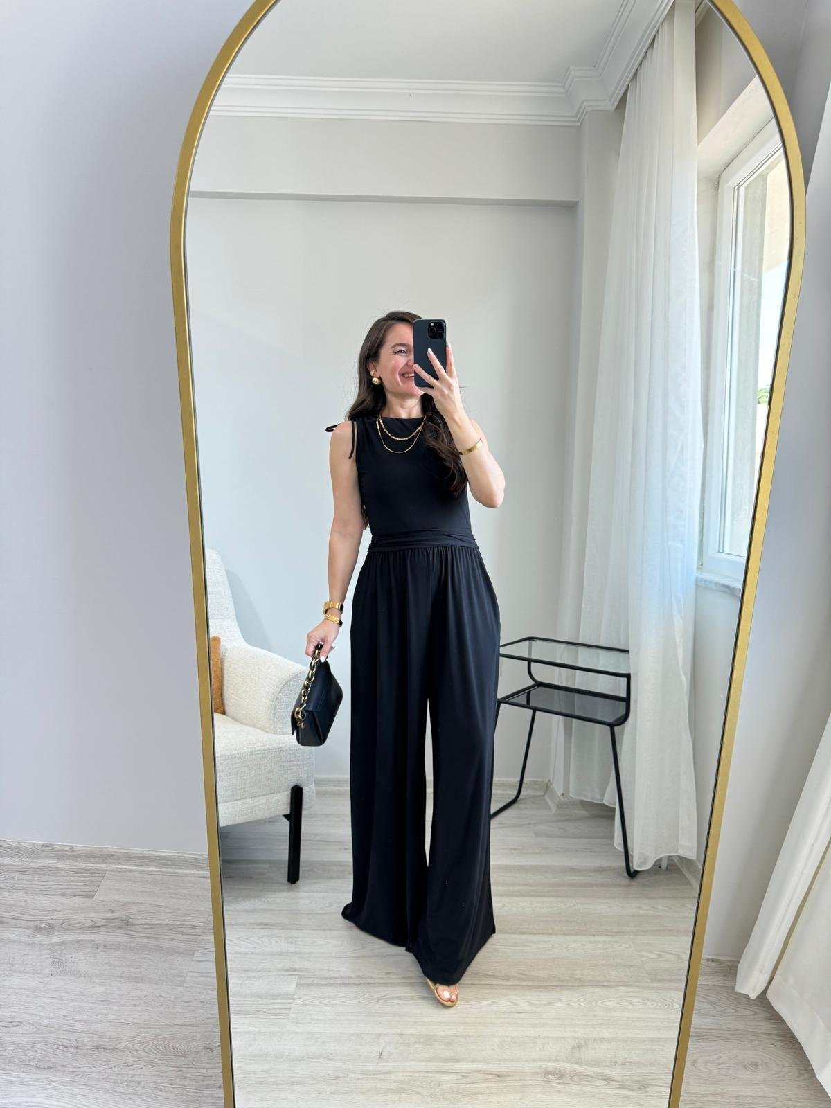 Siyah Bel Drape Detaylı Tulum 9134
